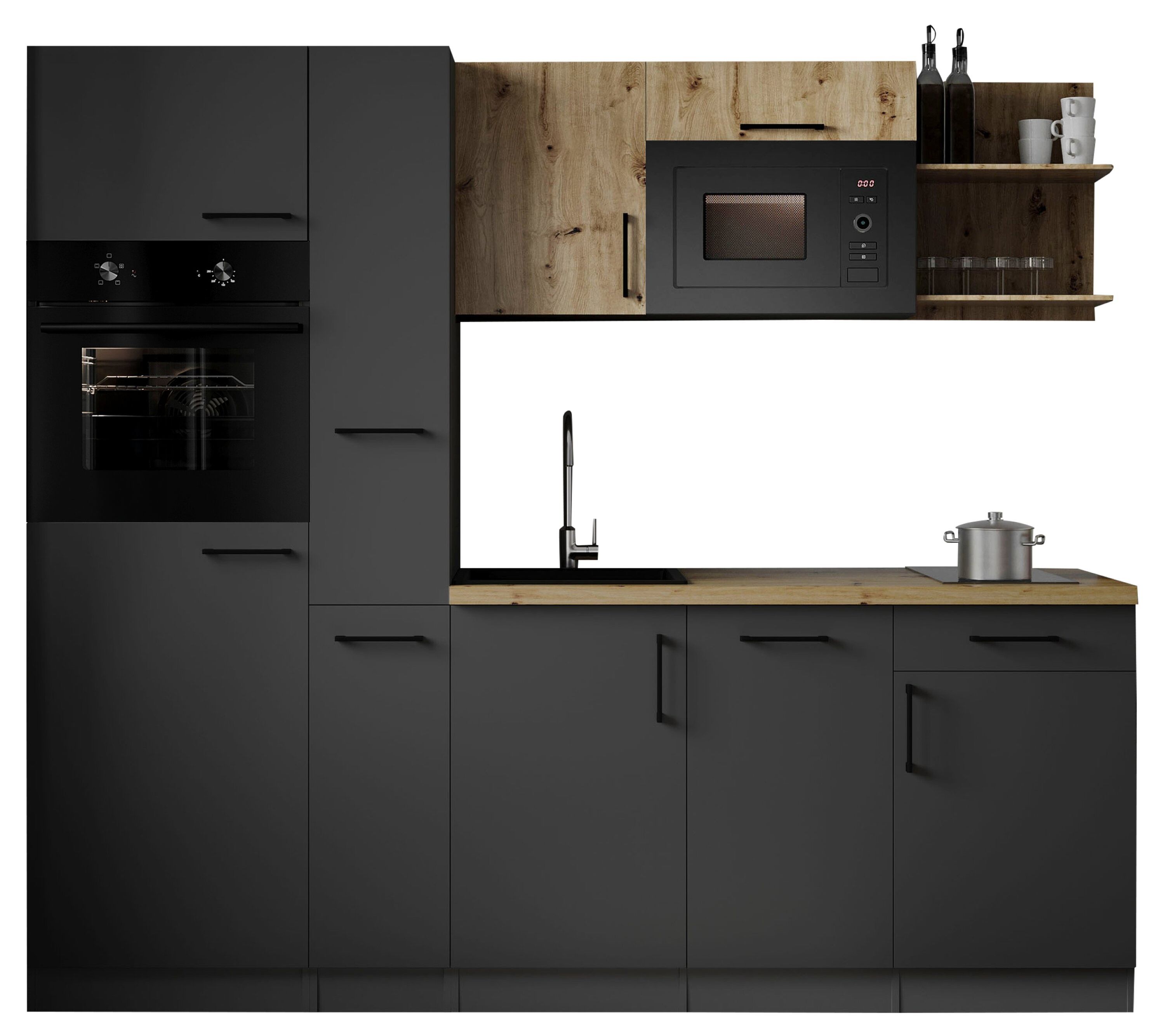 Respekta Küche Küchenzeile Oliver Singleküche 235 cm mit Fronten in – Grau Matt / Artisan Eiche Nachbildung