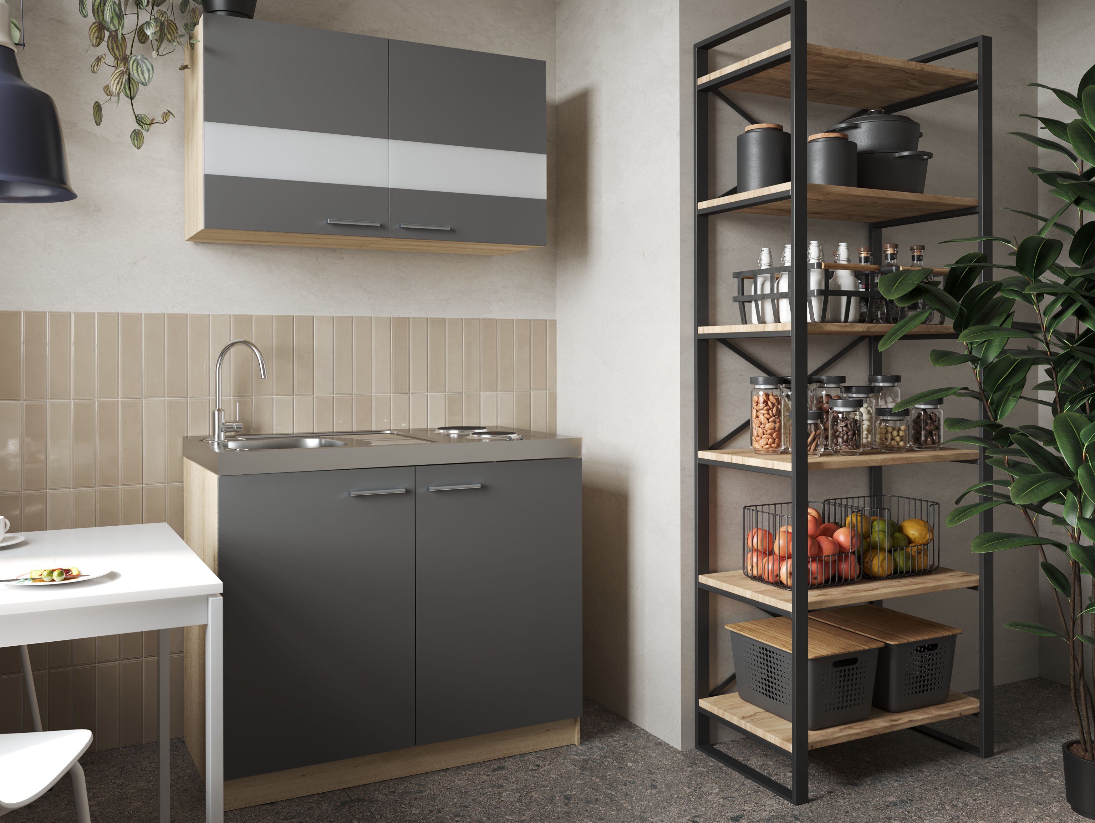 Küche Miniküche Singleküche Pantry Eiche Sägerau Grau Merle 100 cm Respekta