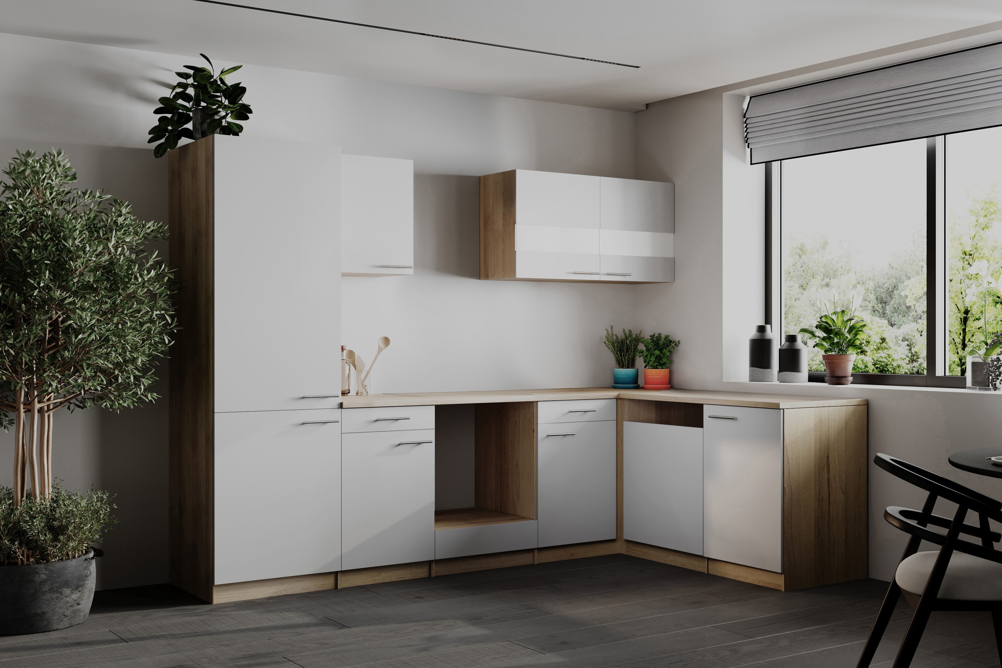 L Küche Einbau Winkelküche Leerblock Eiche Sägerau Weiß Merle 280 cm Respekta