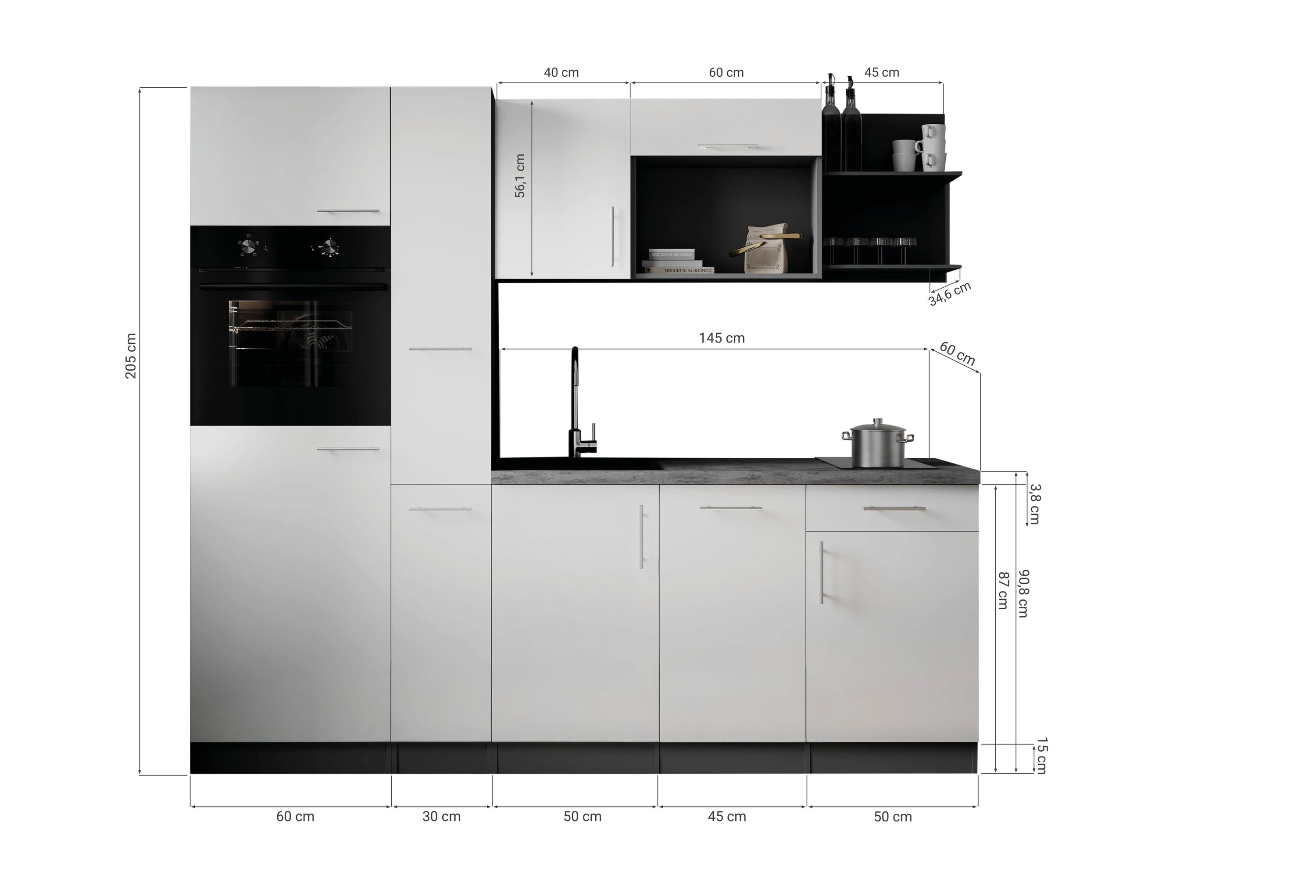 Respekta Küche Küchenzeile Oliver Singleküche 235 cm mit Fronten in – Weiß Seidenglanz