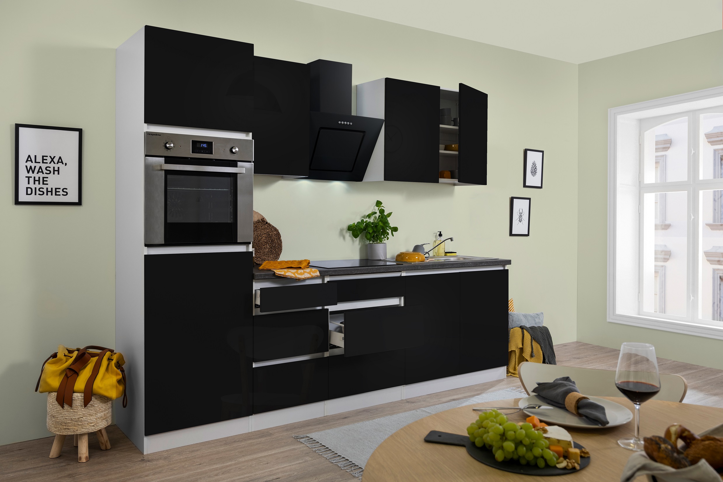 respekta cucina unità cucina senza maniglie cucina montata 270 cm bianco nero