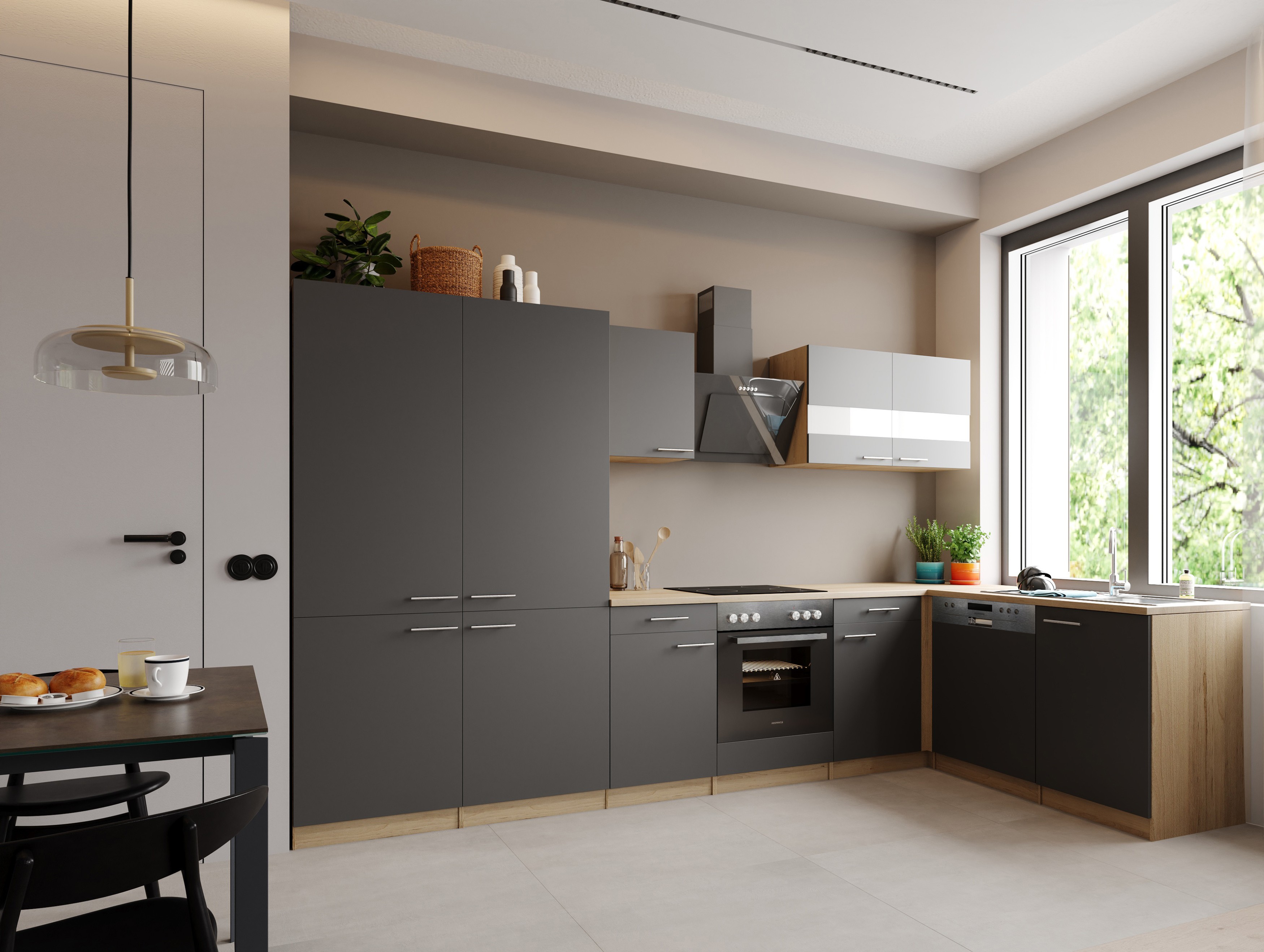 L Küche Einbau Winkelküche Eiche Sägerau Grau Merle 340 cm French Door Respekta