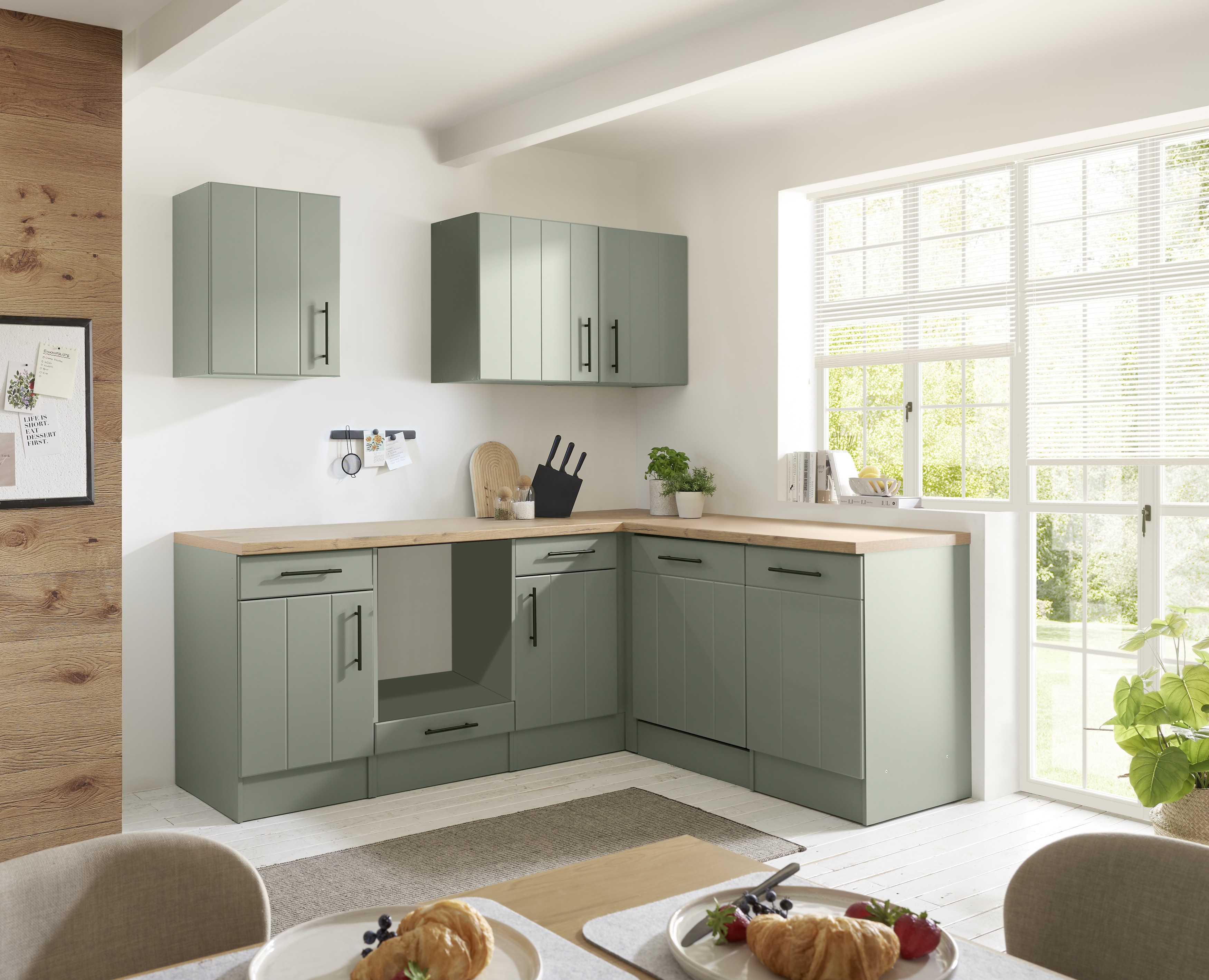 L Küche Einbauküche Winkelküche Landhaus Leerblock Grün Anton 220 cm Respekta