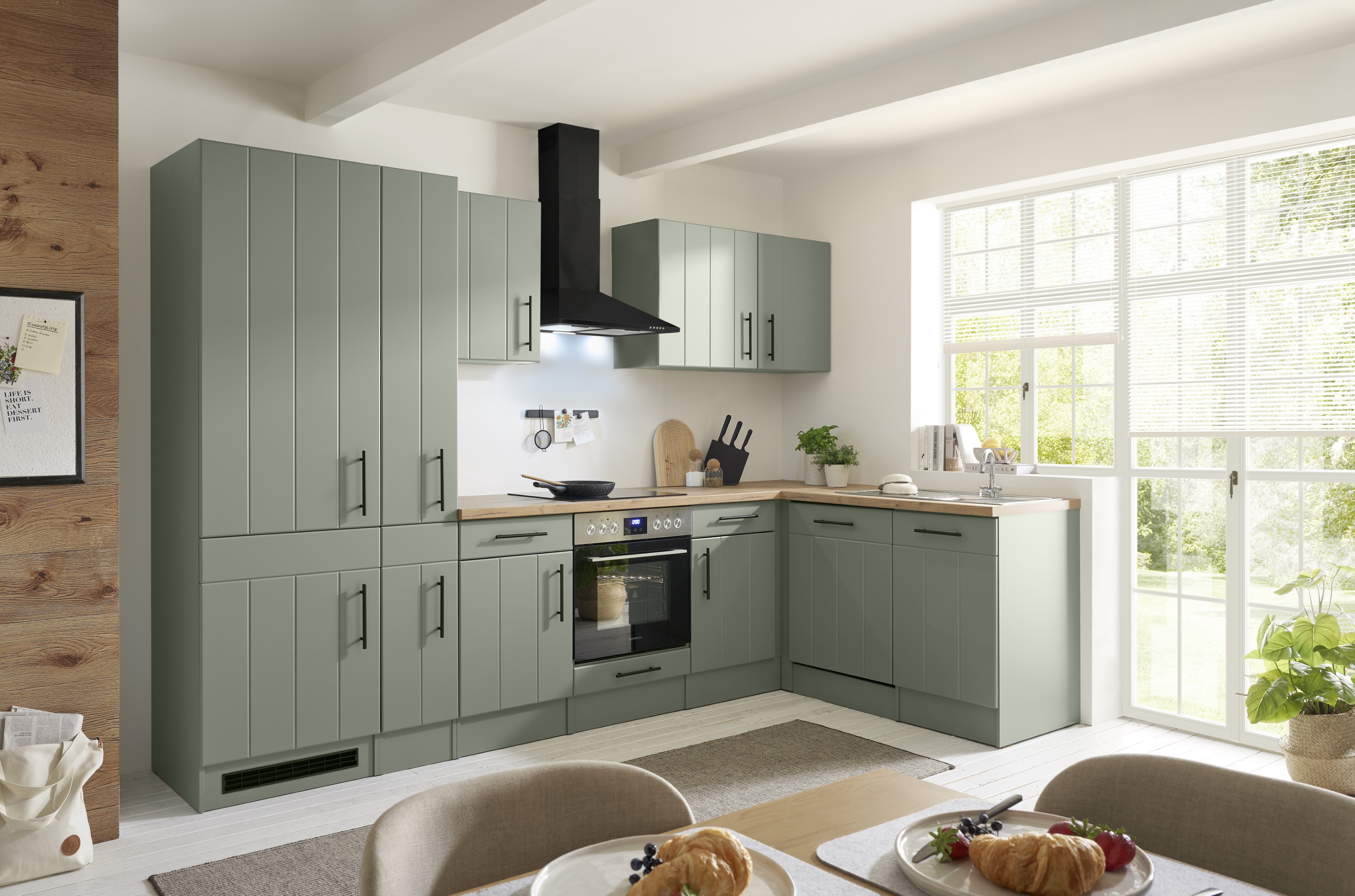 L Küche Einbauküche Winkelküche Landhaus Grün Anton 310 cm großer Kühlschrank Respekta