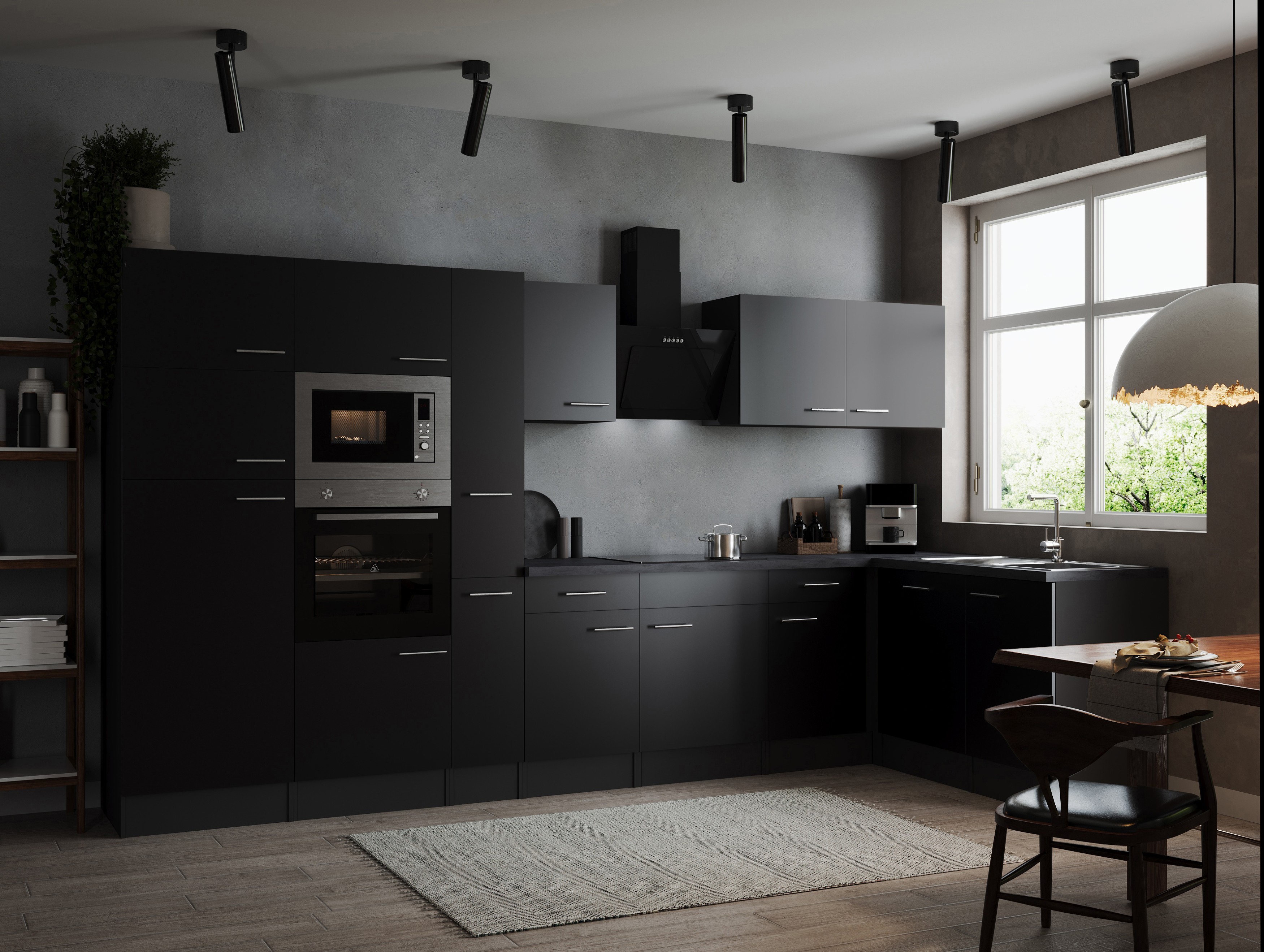 L Küche Küchenzeile Winkelküche Grau Matt Schwarz Oliver 370 x 172 cm Respekta