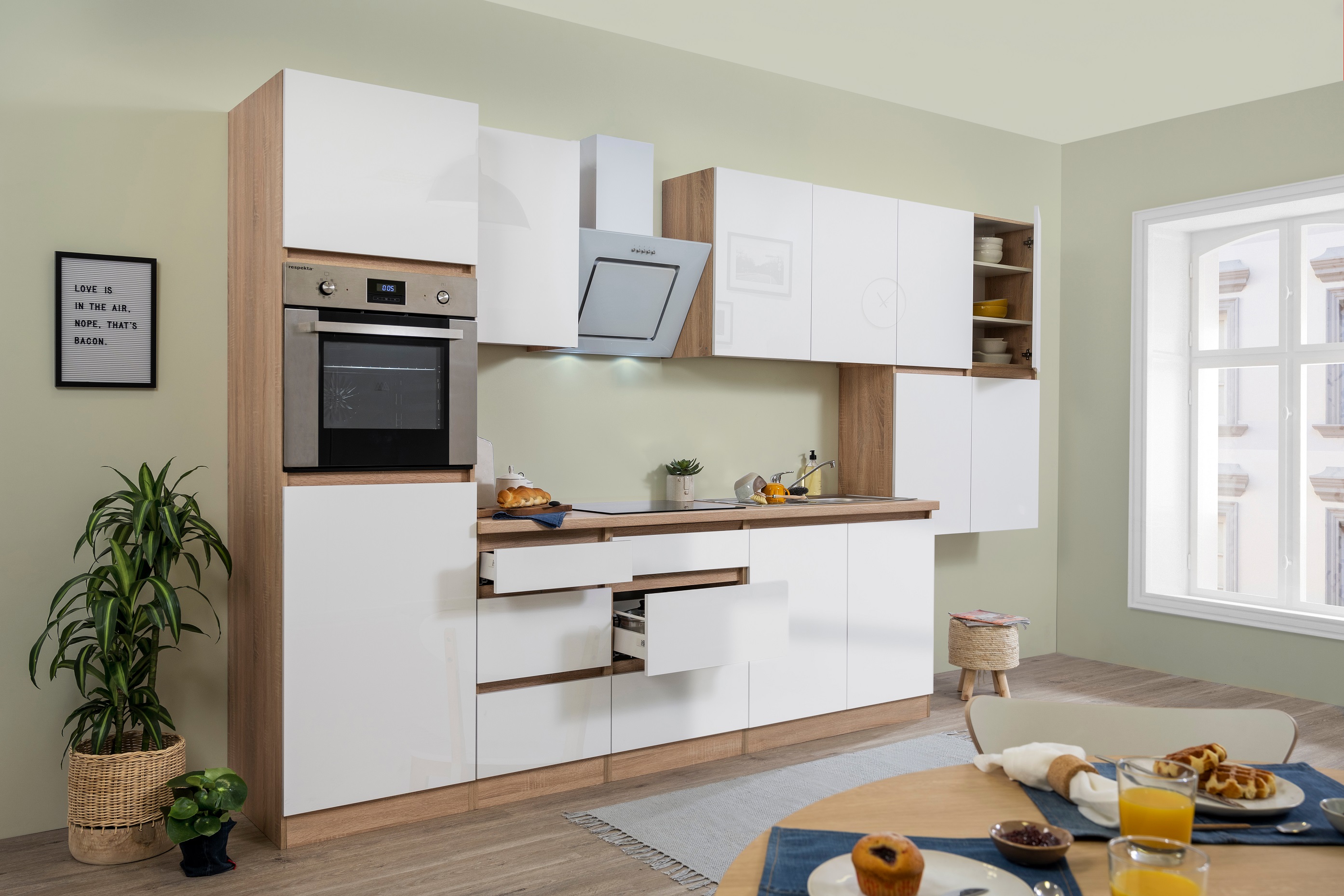 Küche Küchenzeile Leerblock grifflos Eiche Weiß Lorena 370 cm Respekta