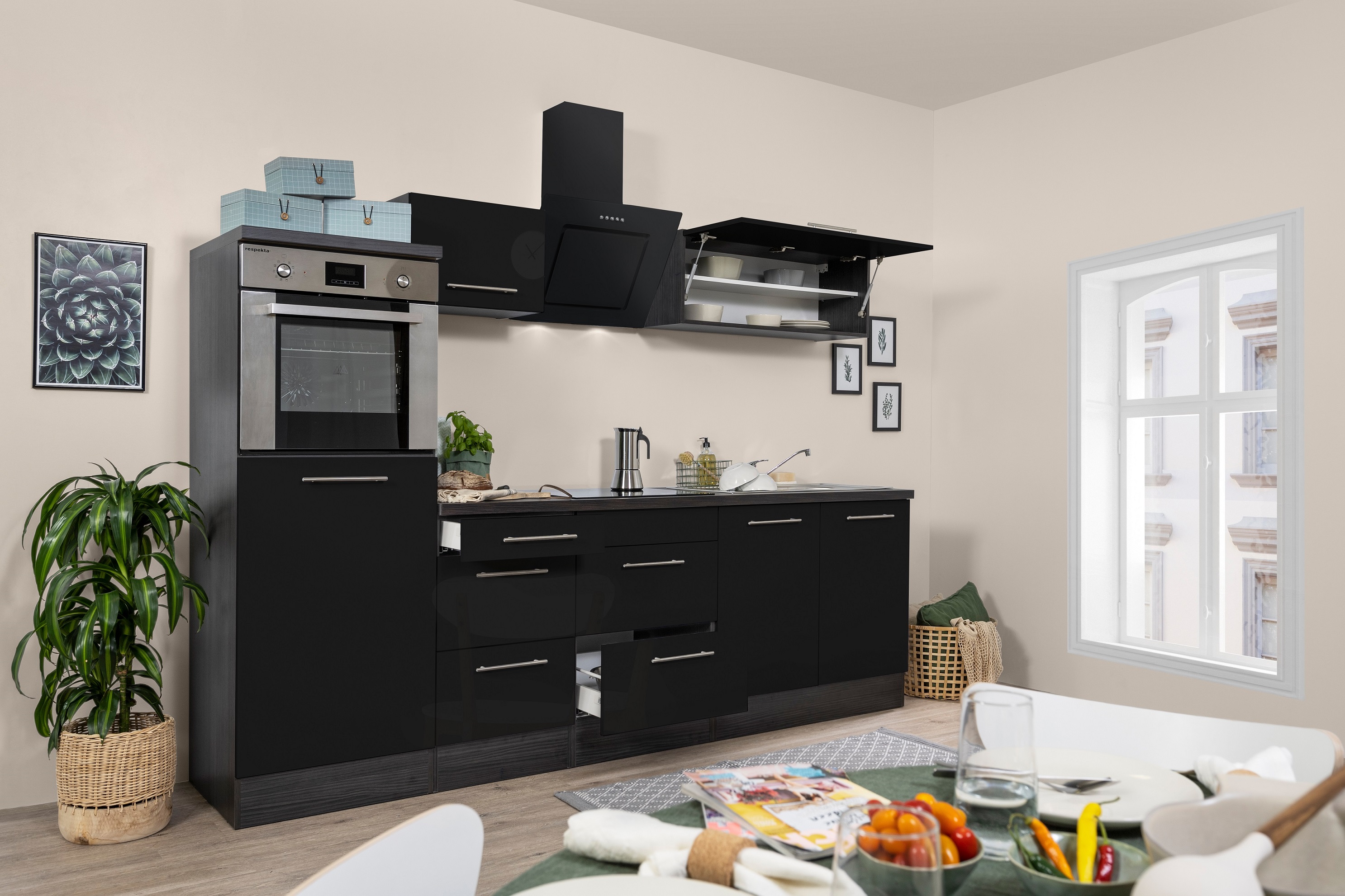 respekta kitchen unit kitchen block fitted kitchen 270cm high gloss oak black