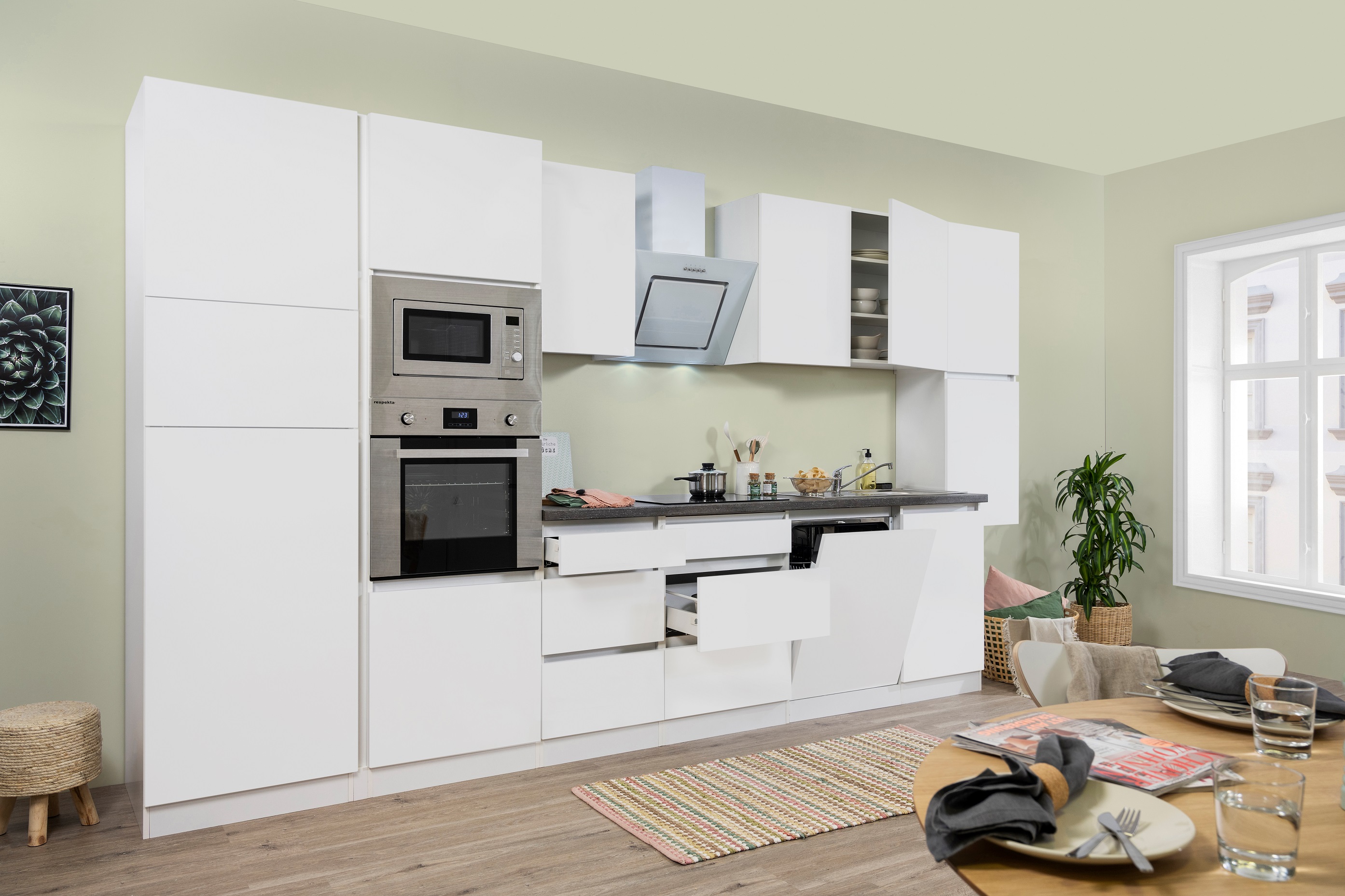 respekta Küchenzeile Küche Küchenblock grifflose Küche Einbauküche 395 cm weiß