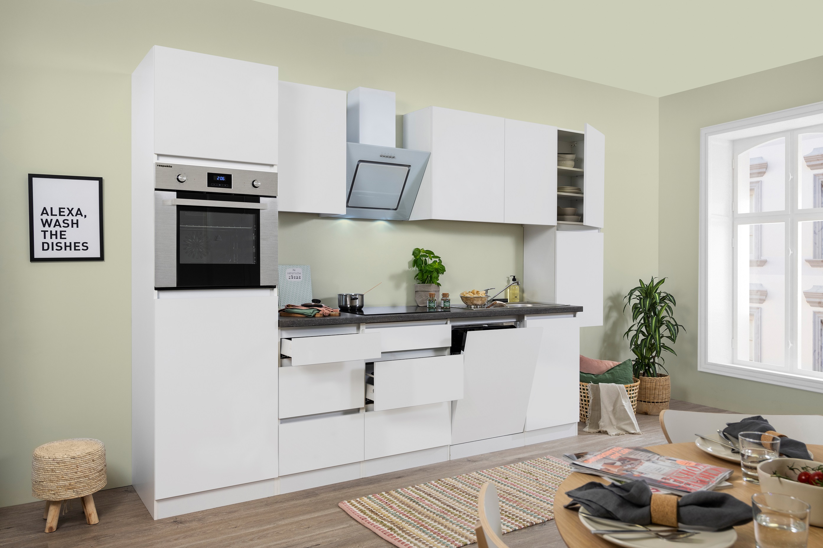 respekta Küche Küchenzeile Küchenblock grifflose Einbauküche 330 cm weiß Matt