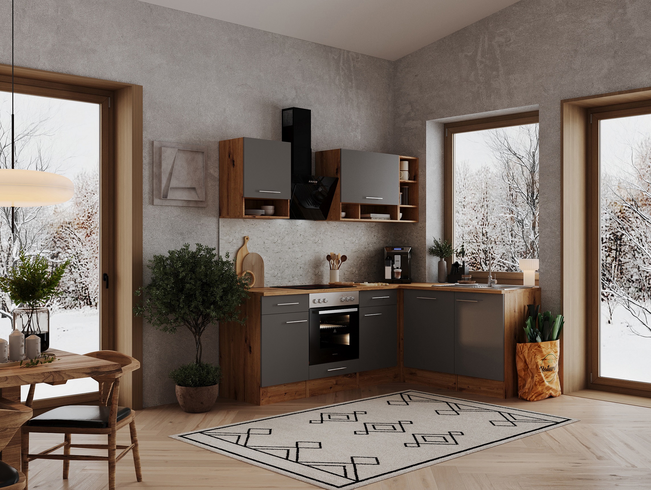 Küche Küchenzeile Küchenblock  Winkelküche Eiche Grau Hilde 220x172 cm Respekta