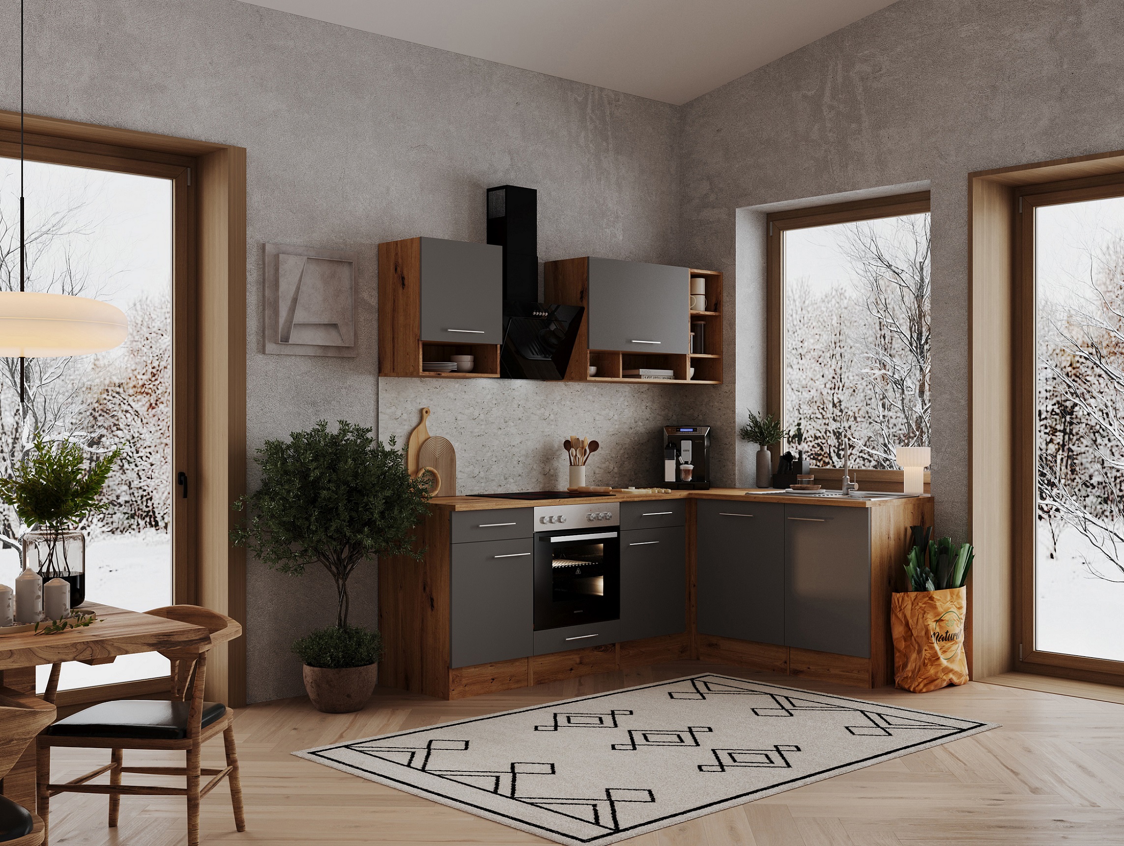 Corner kitchen L-shaped kitchen unit fitted kitchen oak gray 220x172 cm respekta 