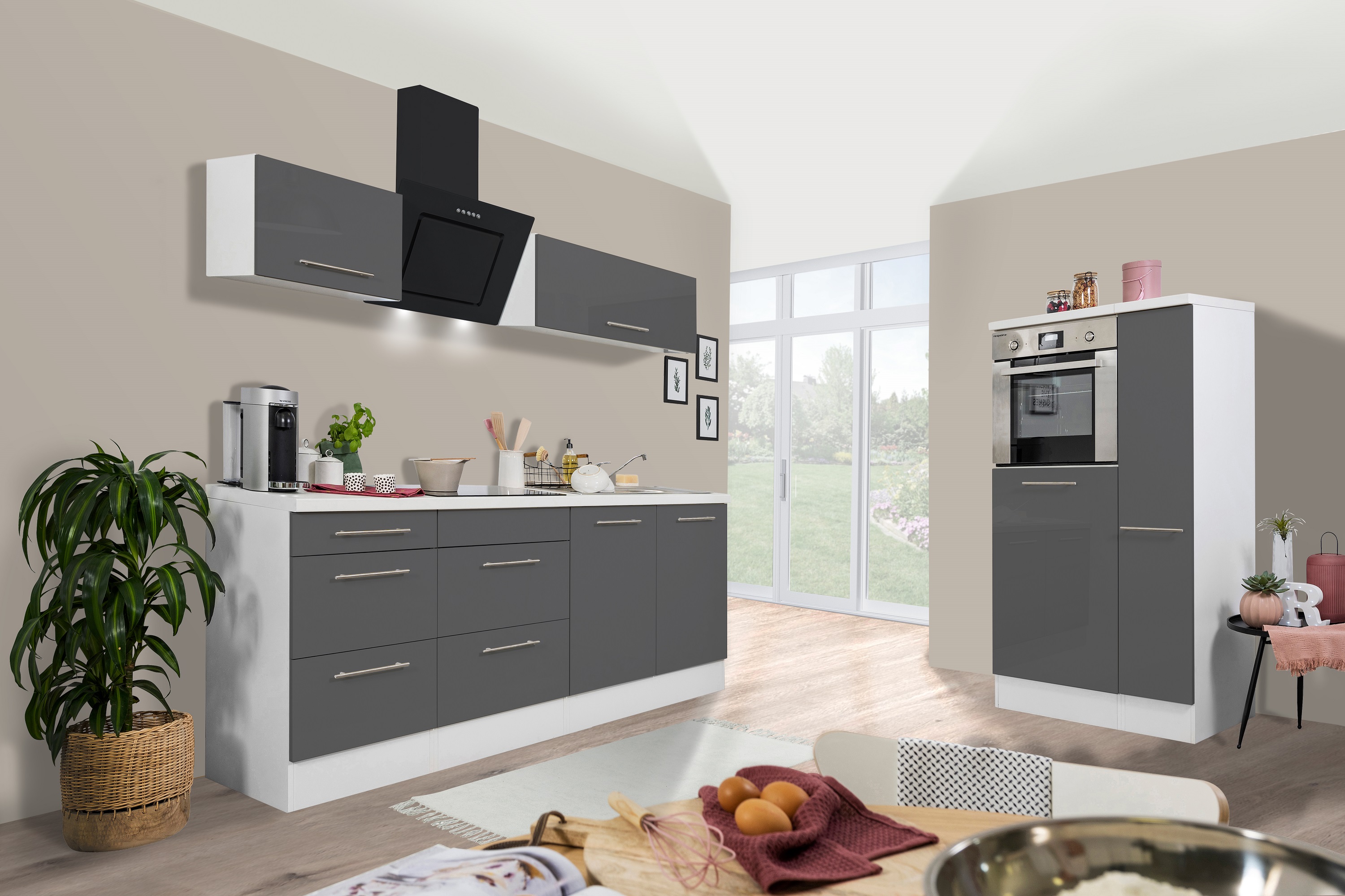 respekta Küchenzeile Küche Küchenblock Einbauküche 300 cm Hochglanz weiß grau