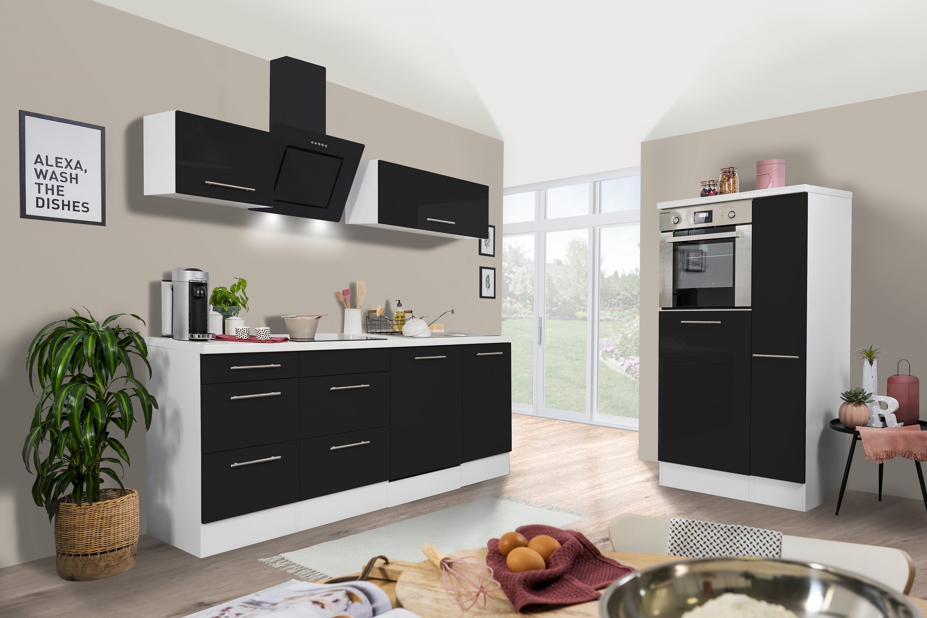 respekta blocco cucina cucina montato 310cm bianco lucido nero