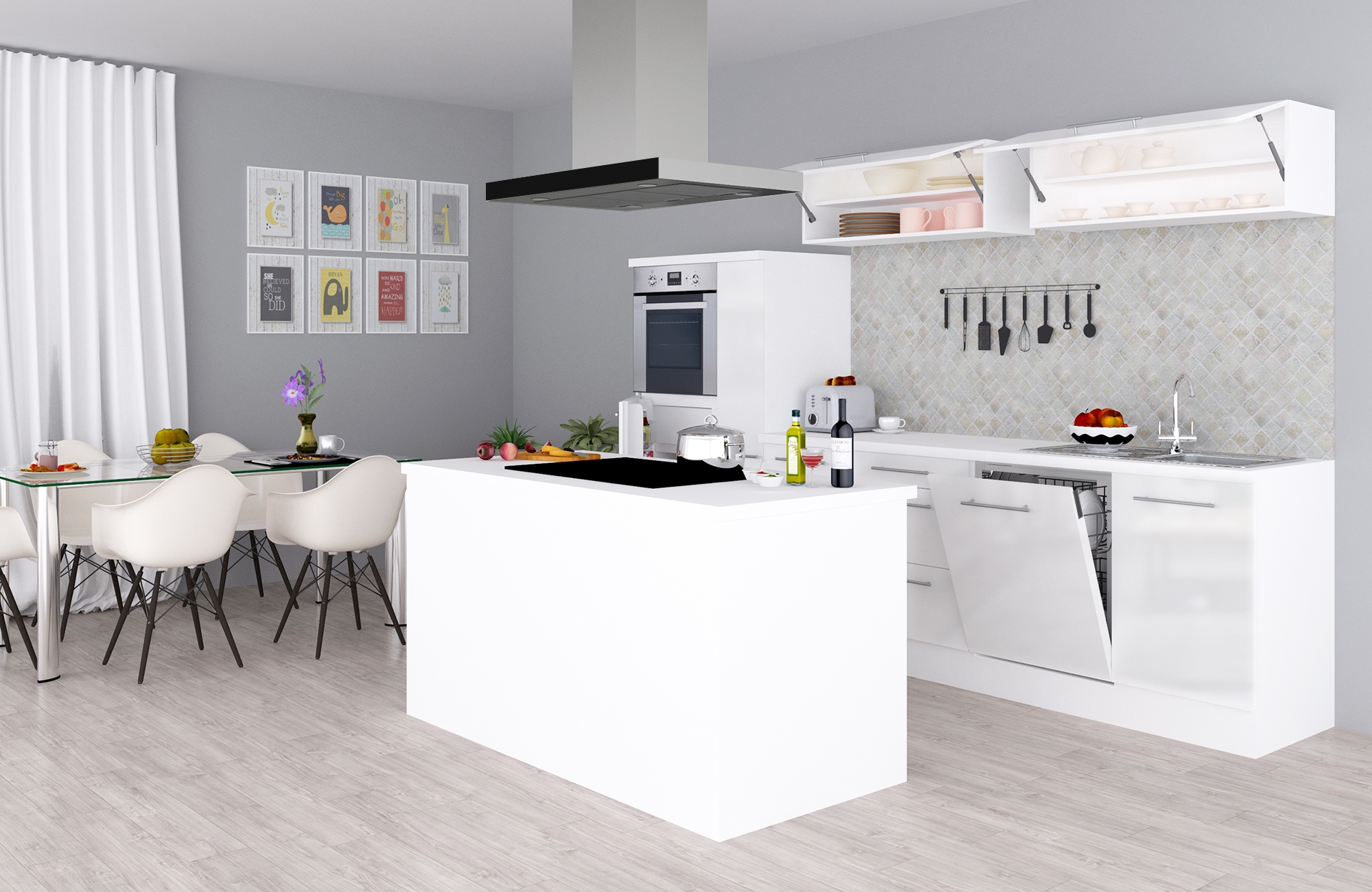 respekta Küchenzeile Inselküche Küche Hochglanz Einbau Küchenblock 310 cm weiß